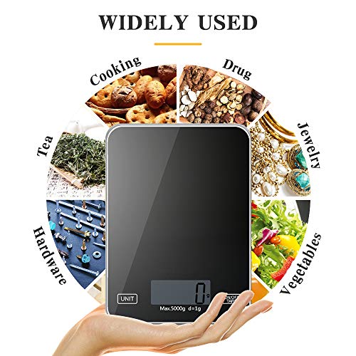 Báscula de Cocina, Balanza de Alimentos Multifuncional, Control Táctil Inteligente, Panel de Vidrio Templado Lavable, Balanza Cocina 5 kg/ 11 lbs