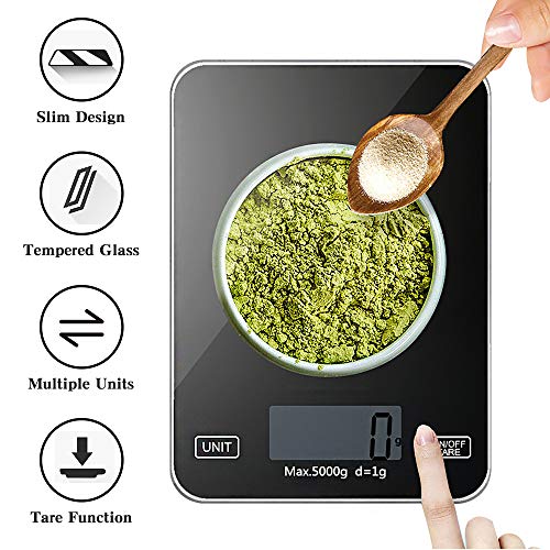 Báscula de Cocina, Balanza de Alimentos Multifuncional, Control Táctil Inteligente, Panel de Vidrio Templado Lavable, Balanza Cocina 5 kg/ 11 lbs