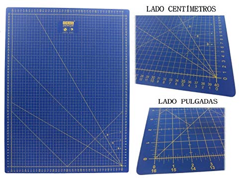 Base de corte Patchwork profesional Azul 60x45 auto cicatrizante de alta calidad por una lado en centímetros y por el otro en pulgadas