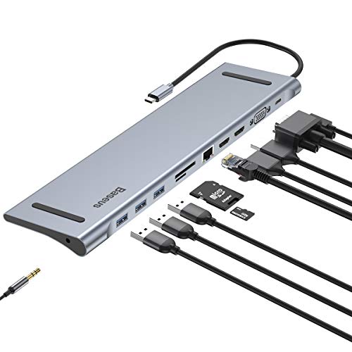 Baseus 11 in 1 USB C Hub Adapter, Aluminio Tipo C Docking con Gigabit Ethernet, USB-C Fuente de alimentación, 3 USB 3.0, 4K HDMI, VGA, Audio Mic Port, SD/TF Lector de Tarjetas para MacBook Pro etc