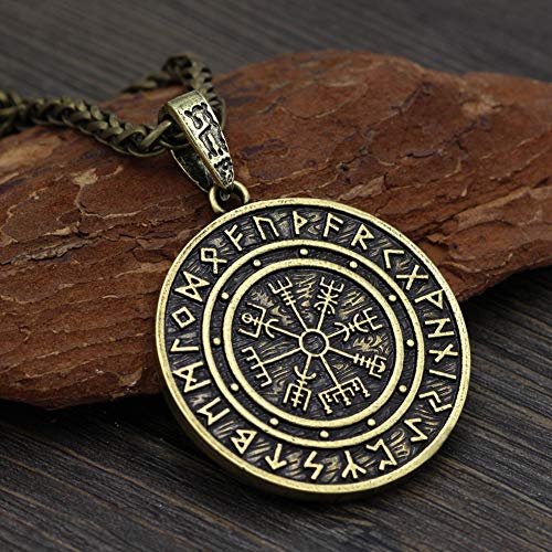 BBYaki Noreste Vikingo Hombre Runas Odin Valknut Pagan Collar Colgante Vegvisir Joyería Escandinava 58 cm Cadena,Brass