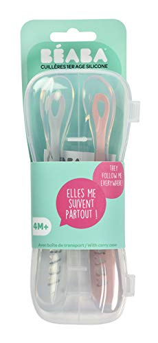 Béaba - Juego 2 cucharas suaves de silicona con estuche, primera edad, rosa palo/gris claro