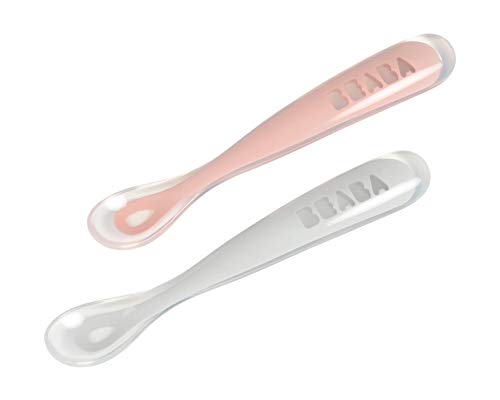 Béaba - Juego 2 cucharas suaves de silicona con estuche, primera edad, rosa palo/gris claro