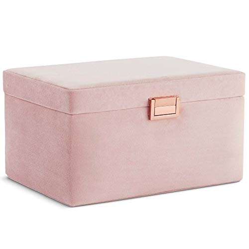 Beautify Caja Organizador Almacenamiento de Joyería de Terciopelo Rosa - 2 Compartimientos multiusos y almohadilla de anillos - Bandeja extraíble - Cierre de oro rosa