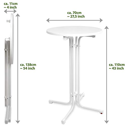 Beautissu Mesa Plegable Bellini - Mesa Alta Bar y Cocina - Ø 70 cm Mesa de Bistro de Exterior Redonda en Blanco - Nivelable por Tornillos Calidad gastronomía y Resistente al Calor