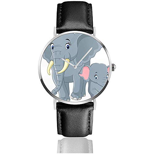 Bebé y Madre Elefante Mujeres Hombres Reloj de Moda Reloj de Pulsera Casual Correa de Cuero Negro