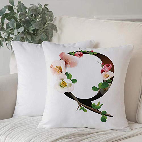 Bedding Fundas de Almohada ,Letra Q, Q Letra rodeada de flores de membrillo rosado y capullos Resumen inspirado en la primAlmohada cómodo Sofá rectángulo Funda de Cojín Decoración para El Hogar45x45cm