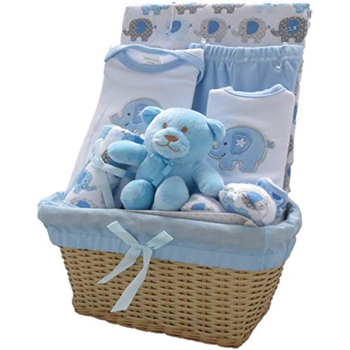 Bee Bo - Cadeau de naissance 0 - 3 mois - peluche éléphant ou chien, body, pantalon, chaussons, bavoir - Bleu