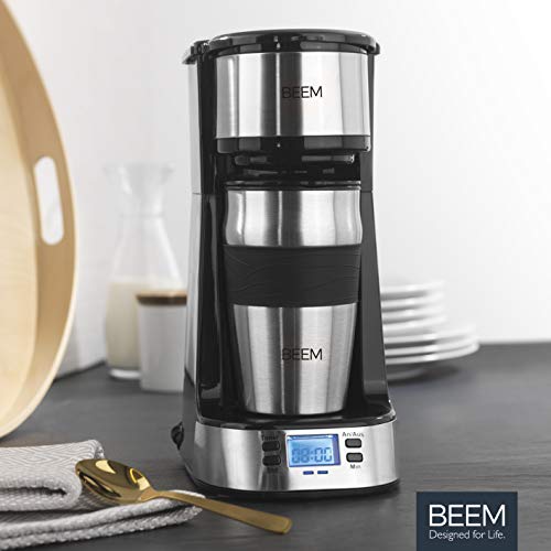 BEEM Thermo 2 Go - Cafetera de filtro individual térmica, incluye vaso térmico de 0,4 l para llevar y filtro permanente, temporizador de 24 h, 750 W, acero inoxidable