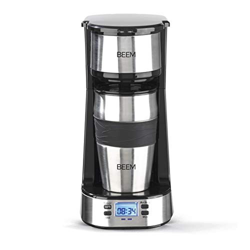 BEEM Thermo 2 Go - Cafetera de filtro individual térmica, incluye vaso térmico de 0,4 l para llevar y filtro permanente, temporizador de 24 h, 750 W, acero inoxidable