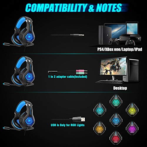 Beexcellent Cascos PS4 con Micrófono Flexible para Xbox One PC Nintendo PS4 Tableta Laptop, Auriculares con Premium Stereo, Orejeras Acolchadas Ligero Cómodo y Diadema Ajustable, Iluminación RGB