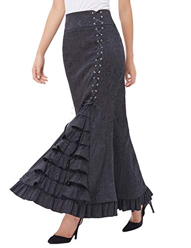 Belle Poque Mujeres Negro Retro Alto Jacquard Sirena de la Cintura Cola de pez Falda Larga BP000204-1_USA4