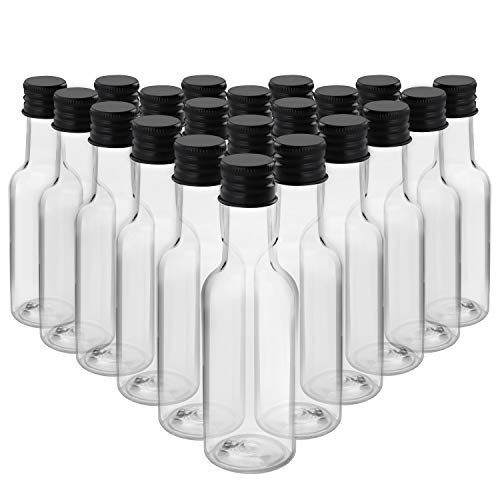 BELLE VOUS Mini Botellas de Licor (Pack de 48) - Botellas Pequeñas de Plástico 50ml Vacías - Tapa Negra de Rosca y Embudo- Verter Fácilmente y Llenado de Botellas - Mini Botella para Bodas y Fiestas