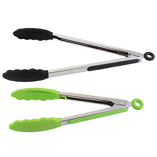 Belmalia 2X Pinzas Barbacoa Silicona Set 23 cm + 30 cm, Tenacillas Cocina, Cocinar, Carne, Ensaladas, Pasta, Wok, Verde + Negro