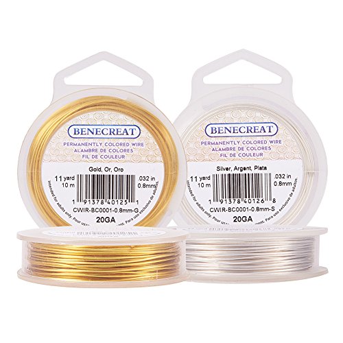 BENECREAT 20m 0.8mm Alambre de Cobre Cable Metal Alambre de Joyería para Manualidad Dorado y Plateado Calibre 20, 10m/Rollo, 2 Rollos