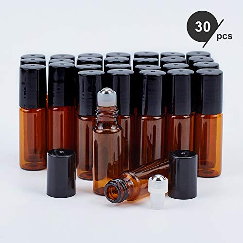 BENECREAT 30 Pack 5ml Botella de Vidrio Botellas de Rodillos de Aceites Esenciales Equipado con Cubierta Negra y 10 Pipetas, 4 Embudos, 1 Abridor