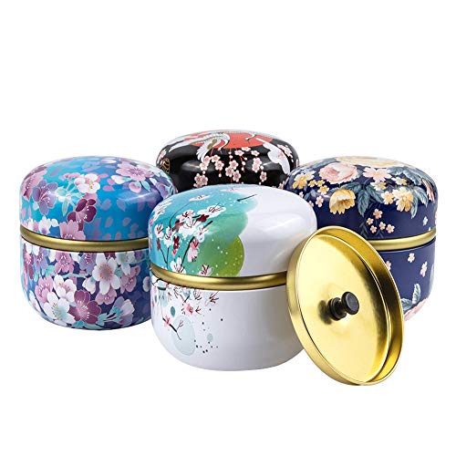 BENECREAT 4 Pack Bote de Té Estilo Japones Tarro de Hojalata con Doble Hermético Tapas Contenedor de Multiuso para Especias, Azucar, Té de Flores