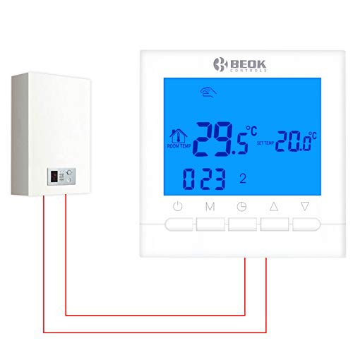 Beok BOT-313W 3A Termostato Programable Digital de Calefacción por Calderas de Gas,con Pantalla LCD Controlador de Temperatura de Luz de Fondo Azul Funciona con Pilas