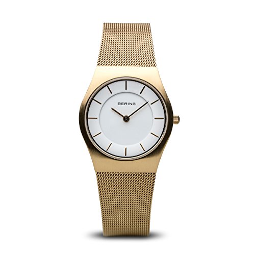 Bering Classic - Reloj analógico de mujer de cuarzo con correa de acero inoxidable dorada - sumergible a 50 metros