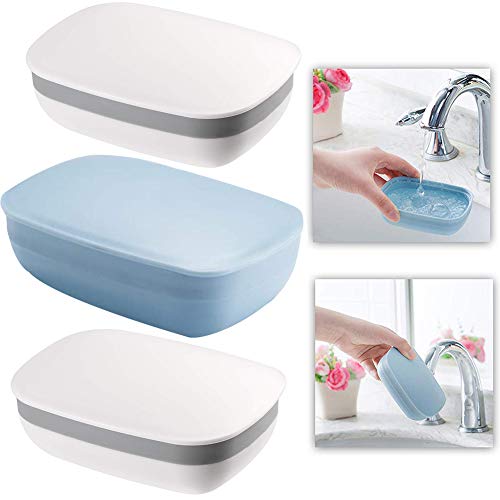 BESLIME Jabonera de Viaje,Caja de jabón Fuerte Sellado portátil a Prueba de Fugas para el Hogar,Baño,al Aire Libre,Viajes,Azul,Blanco,Plástico,3 pcs