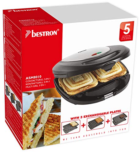 Bestron ASM8010 Parrilla Sandwichera 3 en 1, Revestimiento Antiadherente, 760 W, Plástico, Negro/Gris