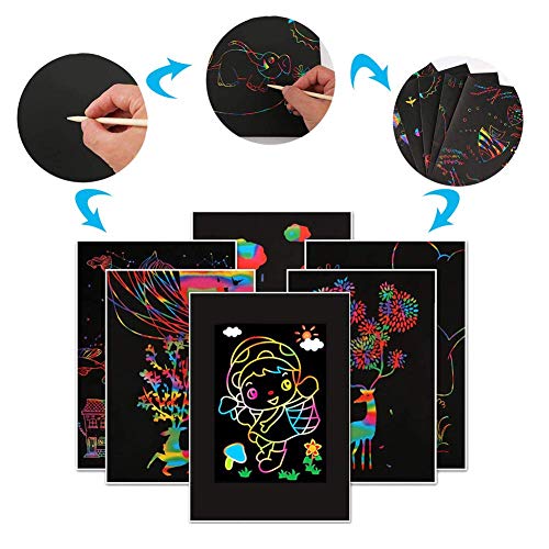 BESTZY Manualidades para Niños, 50 Hojas Scratch Art Cuadernos para Dibujar Papel de Rascar Incluye 4 Plantillas de Plantillas de Dibujo y 5 Lápices de Madera y 1 Sacapuntas