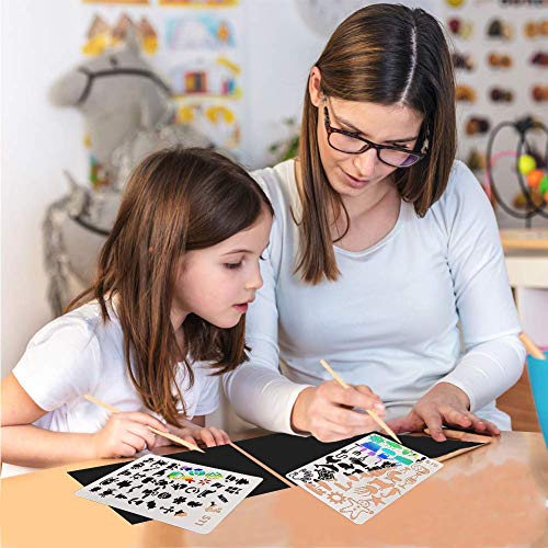 BESTZY Manualidades para Niños, 50 Hojas Scratch Art Cuadernos para Dibujar Papel de Rascar Incluye 4 Plantillas de Plantillas de Dibujo y 5 Lápices de Madera y 1 Sacapuntas