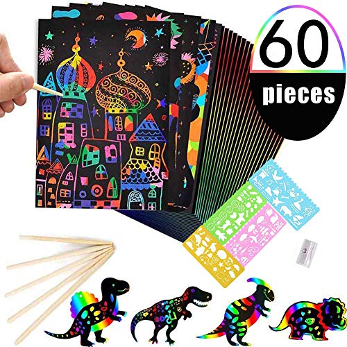 BESTZY Manualidades para Niños, 50 Hojas Scratch Art Cuadernos para Dibujar Papel de Rascar Incluye 4 Plantillas de Plantillas de Dibujo y 5 Lápices de Madera y 1 Sacapuntas