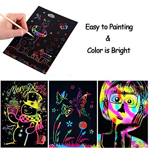 BESTZY Manualidades para Niños, 50 Hojas Scratch Art Cuadernos para Dibujar Papel de Rascar Incluye 4 Plantillas de Plantillas de Dibujo y 5 Lápices de Madera y 1 Sacapuntas