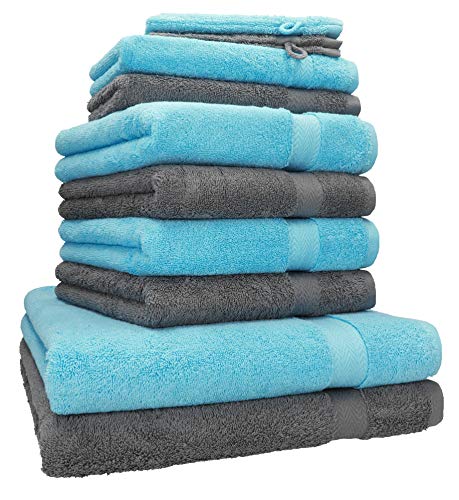 Betz Juego de Toallas de 10 Piezas 2 Toallas de baño 4 Toallas de Mano 2 Toallas para Invitados 2 Manoplas de baño 100% algodón Toalla Ducha baño Mano Premium de Color Turquesa y Gris Antracita