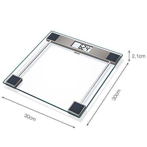 Beurer GS11 Báscula digital de baño con pantalla LCD, digitos grandes, capacidad 150 kg, plataforma vidrio, apagado automático,  vidrio transparente