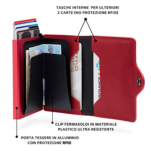 BEWMER Billetera para Tarjetas de crédito Delgada con protección de Cerradura RFID Porta Tarjetas rígido anticontracción y Monedero con Sistema de Bloqueo de Tarjetas anticaída (Rojo Monedero)