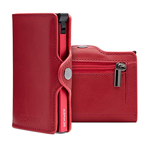 BEWMER Billetera para Tarjetas de crédito Delgada con protección de Cerradura RFID Porta Tarjetas rígido anticontracción y Monedero con Sistema de Bloqueo de Tarjetas anticaída (Rojo Monedero)