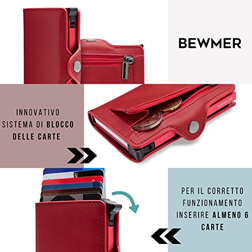 BEWMER Billetera para Tarjetas de crédito Delgada con protección de Cerradura RFID Porta Tarjetas rígido anticontracción y Monedero con Sistema de Bloqueo de Tarjetas anticaída (Rojo Monedero)