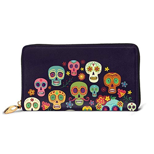 BGHYT Calaveras de azúcar sobre un Fondo Oscuro Bolso de Embrague con Cremallera de Cuero Monedero Monedero Largo de Gran Capacidad para Mujeres Personalizado