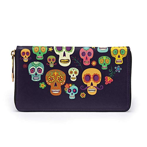 BGHYT Calaveras de azúcar sobre un Fondo Oscuro Bolso de Embrague con Cremallera de Cuero Monedero Monedero Largo de Gran Capacidad para Mujeres Personalizado