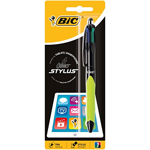 BIC 4 colores Stylus bolígrafos punta media (1,0 mm) - Grip Verde o Gris, Blíster de 1 Unidad