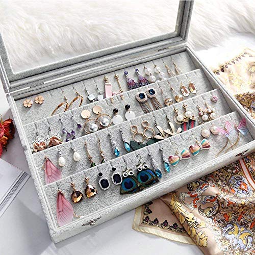 BIENSER - Organizador de pendientes, tapa transparente de terciopelo y 32 pares de pendientes, caja de almacenamiento para joyas, vitrina con cierre, color gris