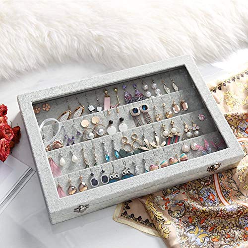 BIENSER - Organizador de pendientes, tapa transparente de terciopelo y 32 pares de pendientes, caja de almacenamiento para joyas, vitrina con cierre, color gris
