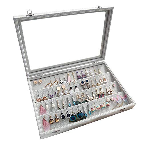 BIENSER - Organizador de pendientes, tapa transparente de terciopelo y 32 pares de pendientes, caja de almacenamiento para joyas, vitrina con cierre, color gris