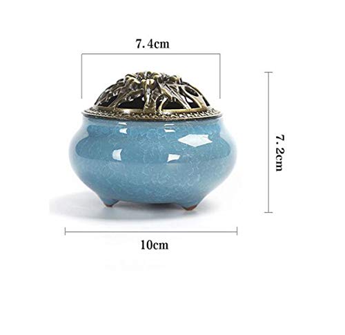 Biluer Quemador De Incienso Soporte De Incienso De Cerámica Incense Burner con Latón Mini Soporte y Tapa para Incienso De Palo Cono Bobina para Yoga Sala De Meditación Casa U Oficina (Azul del Cielo)