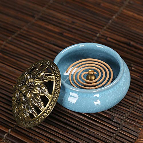 Biluer Quemador De Incienso Soporte De Incienso De Cerámica Incense Burner con Latón Mini Soporte y Tapa para Incienso De Palo Cono Bobina para Yoga Sala De Meditación Casa U Oficina (Azul del Cielo)