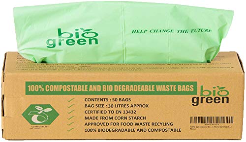 Biogreen Bolsas de Basura para Cocina para 30 litros, compostable, 50 Bolsas - Bolsas de Basura de Cesta para residuos de Comida – 30 litros EN 13432 –