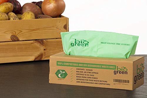 Biogreen Bolsas de Basura para Cocina para 30 litros, compostable, 50 Bolsas - Bolsas de Basura de Cesta para residuos de Comida – 30 litros EN 13432 –