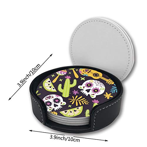 BJAMAJ - Posavasos redondos de piel sintética con diseño de calavera mexicana y guitarra, apto para el hogar y la cocina (6 unidades)