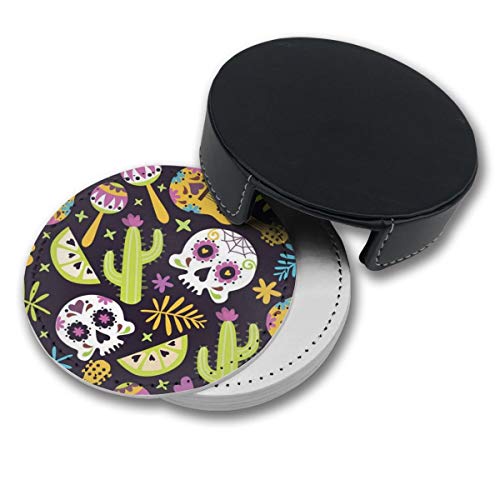 BJAMAJ - Posavasos redondos de piel sintética con diseño de calavera mexicana y guitarra, apto para el hogar y la cocina (6 unidades)