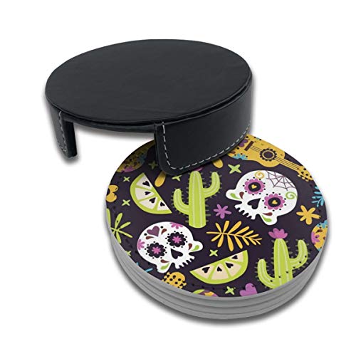 BJAMAJ - Posavasos redondos de piel sintética con diseño de calavera mexicana y guitarra, apto para el hogar y la cocina (6 unidades)