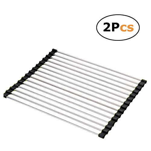 (Black) - Dish Drying Rack Large Stainless Steel Over the Sink Folding Roll-Up Dish Draining Rack 2 Pcs (black)