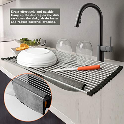 (Black) - Dish Drying Rack Large Stainless Steel Over the Sink Folding Roll-Up Dish Draining Rack 2 Pcs (black)