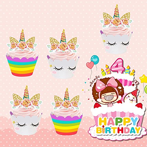 Blanketswarm 24 Piezas Unicornio Cupcake Toppers Expositor Cupcakes y Envolturas Doble Cara Niños Fiesta Pastel Decoraciones